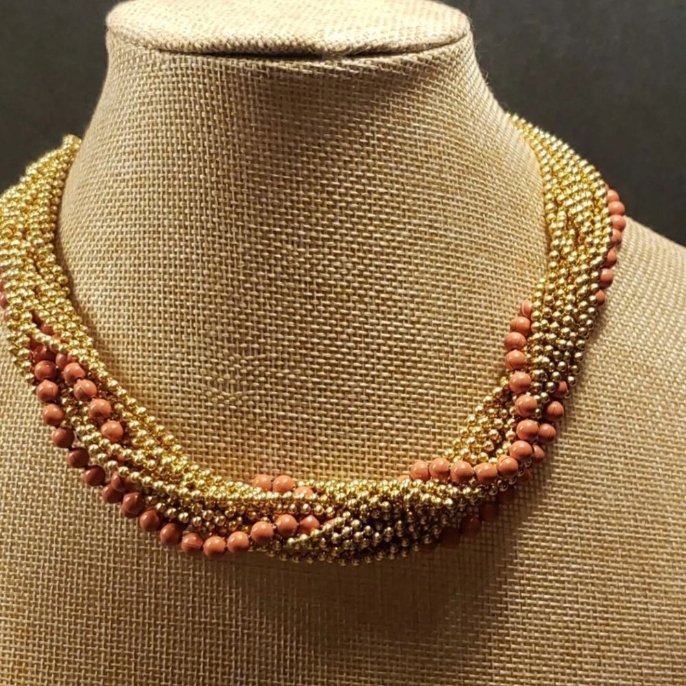 Vintage Coro Signed Necklace And Bracelet Orange & Brasstone Metal Beads